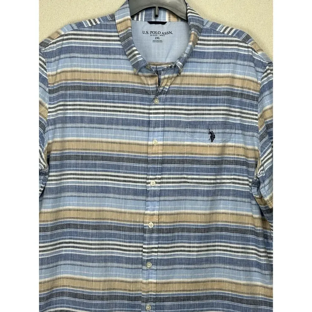 U.S. Polo Assn. Shirt Mens 2XL Blue Button Striped Short Sleeve Collard Spring - Picture 2 of 10